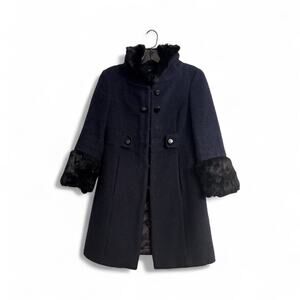 Vintage Bebe Two-Tone Monochrome Long Wool Coat with Rabbit Fur Trim | XS